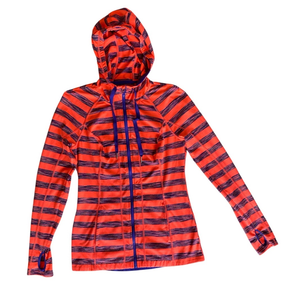 Lukka Full Zip Hoodie Bright Peach & Blue Stripe Sweatshirt Thumbholes, Women M
